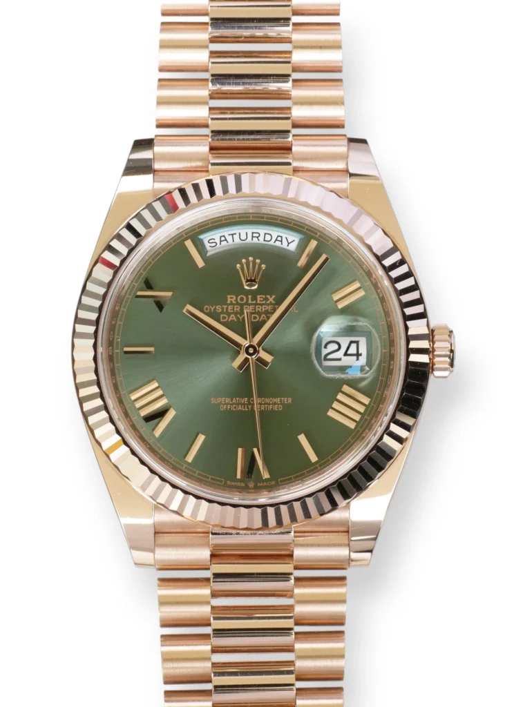 Rolex Day Date 2020 Olive Green Everose Gold Mint Condition Calibre24 full box set with NFC card and hang tag
