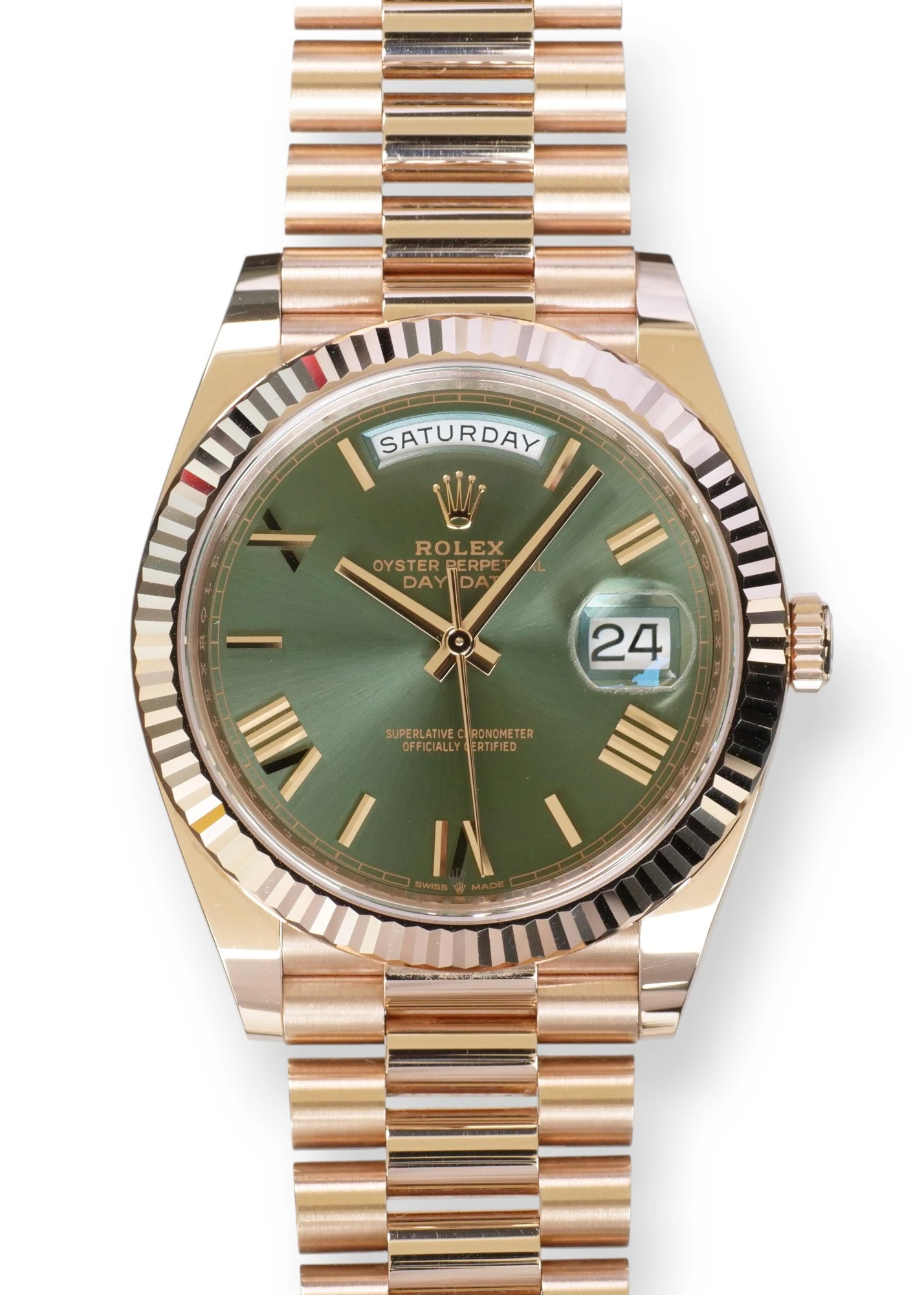Rolex Day Date 2020 Olive Green Everose Gold Mint Condition Calibre24 full box set with NFC card and hang tag