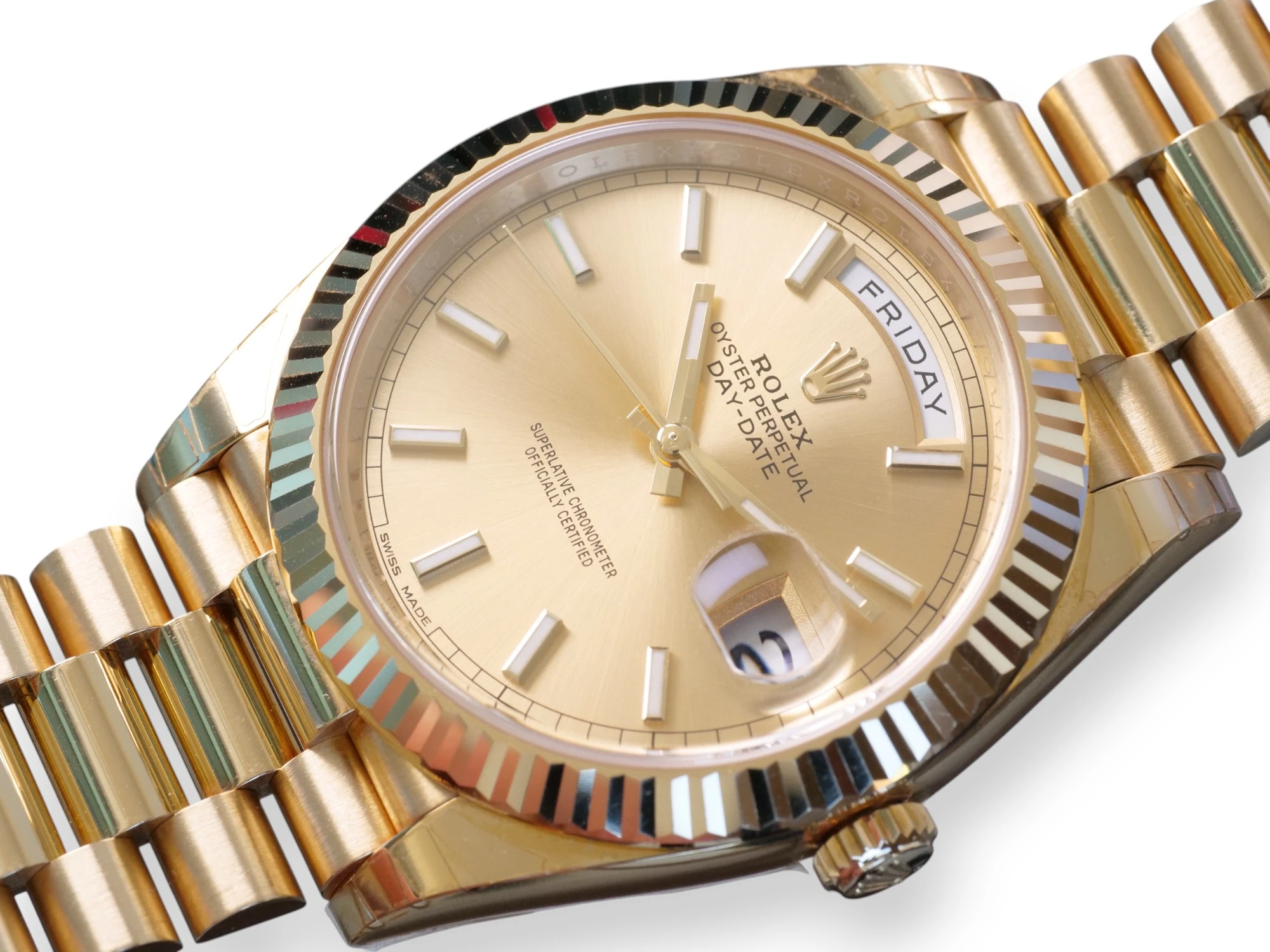Rolex Day-Date 40 Yellow gold Champagne Dial 2016 unused unworn factory stickered for sale at calibre24.com.au