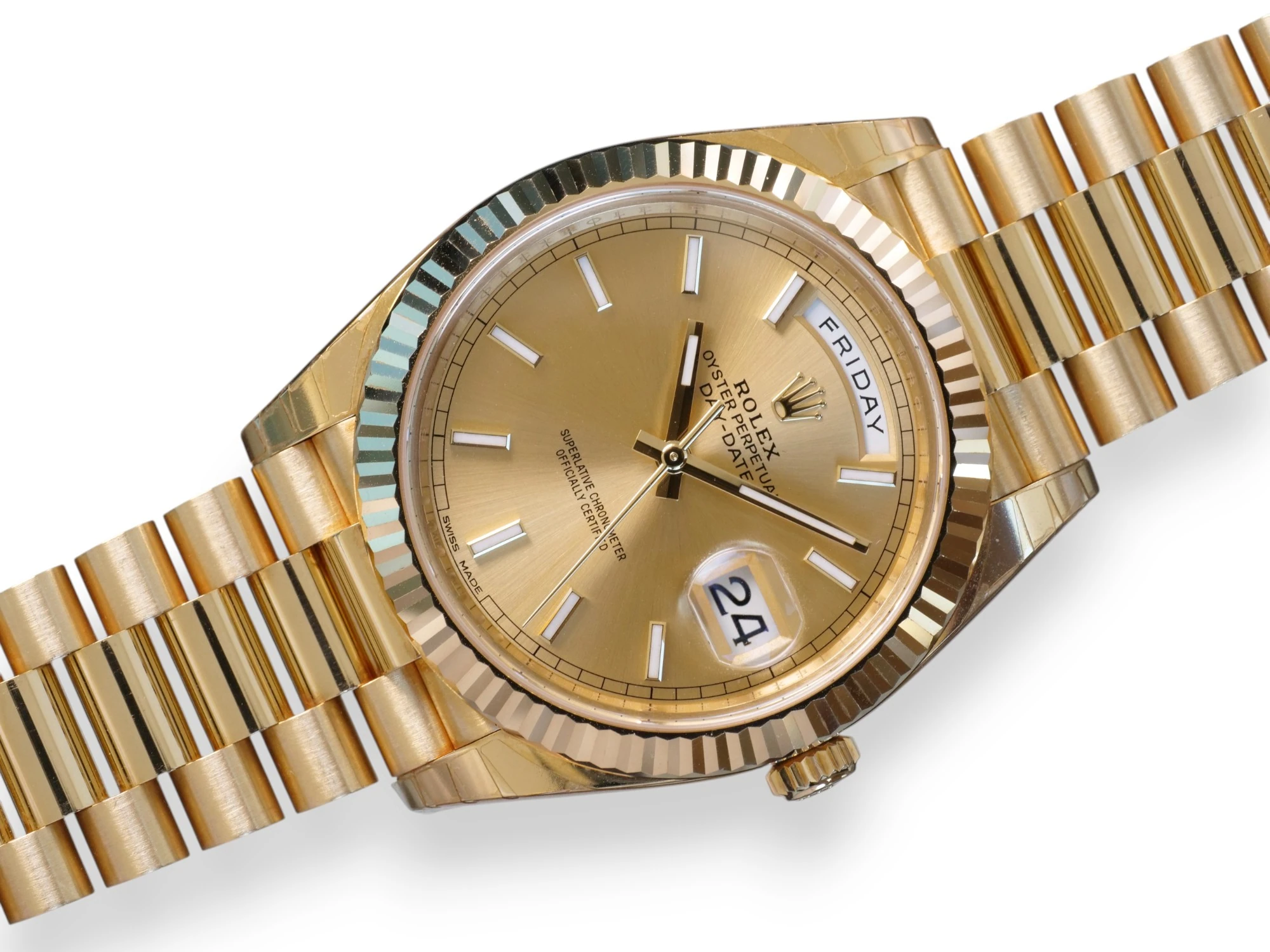 Rolex Day-Date 40 Yellow gold Champagne Dial 2016 unused unworn factory stickered for sale at calibre24.com.au
